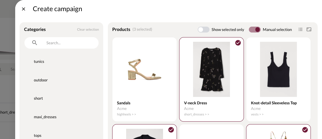 Create campaign view products in Elevate screenshot