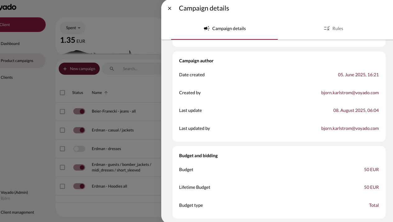 Campaign details dialog in Elevate screenshot