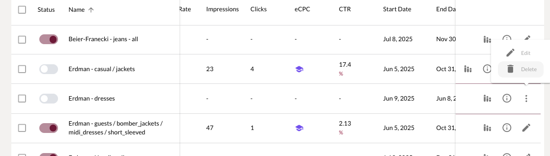Delete campaign in Elevate screenshot