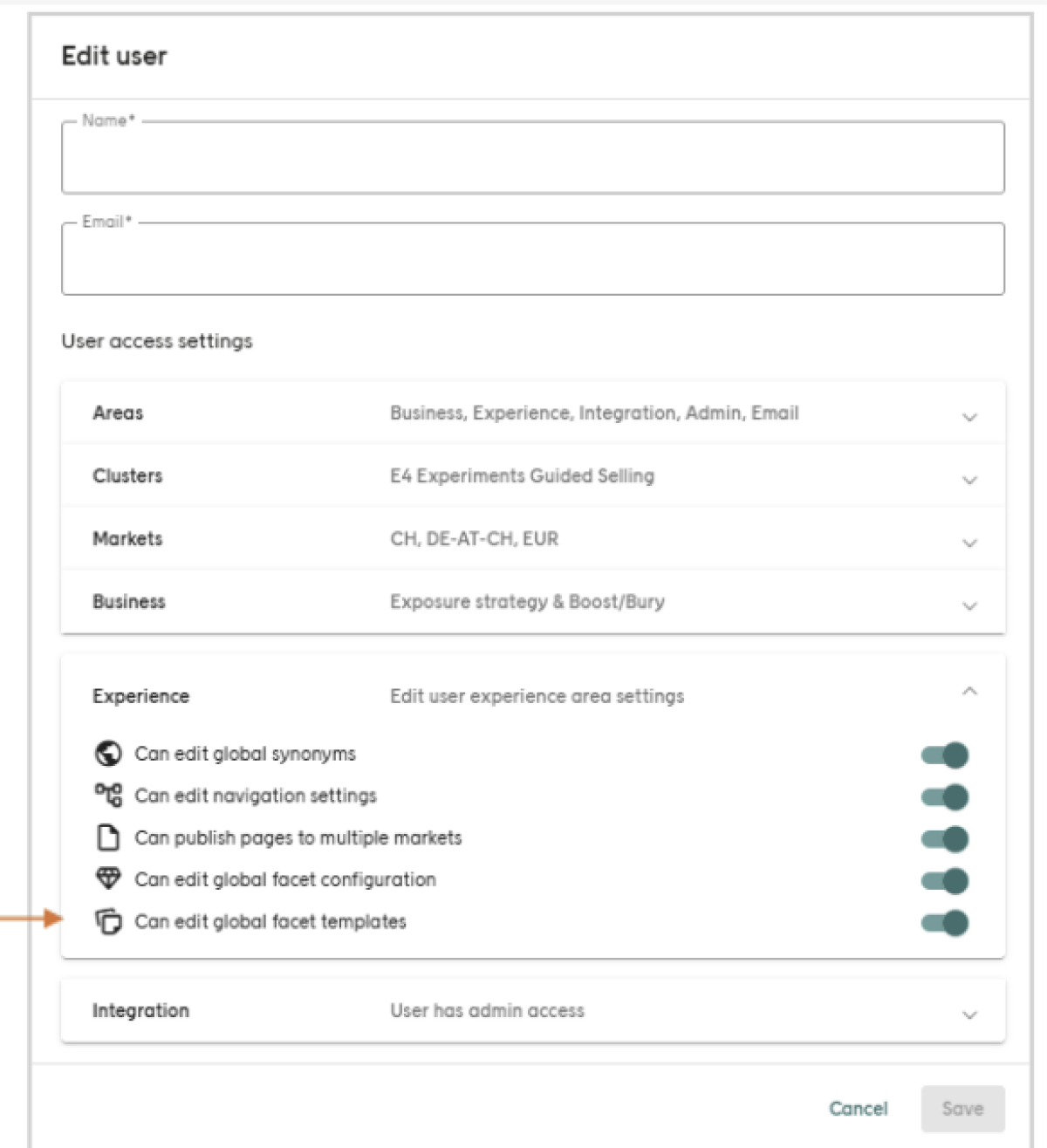 Facet templates edit user in Elevate screenshot