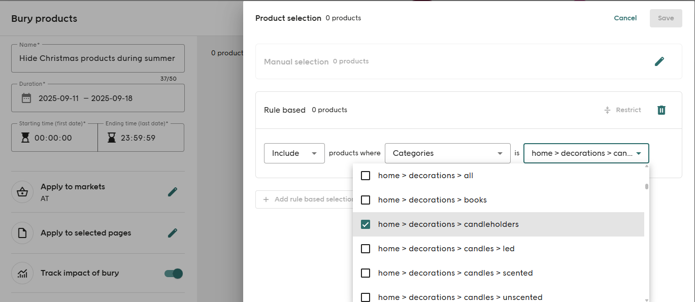Product selection in Elevate screenshot