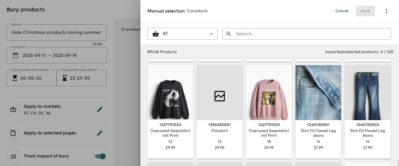 Manual product selection in Elevate screenshot