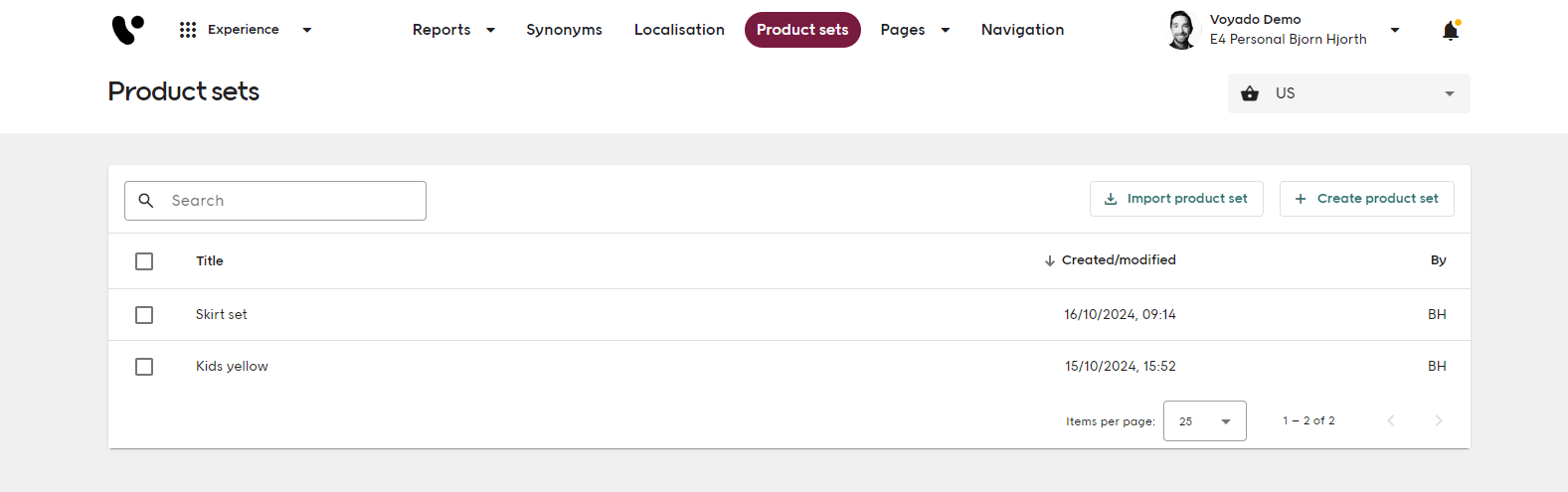 product sets screenshot