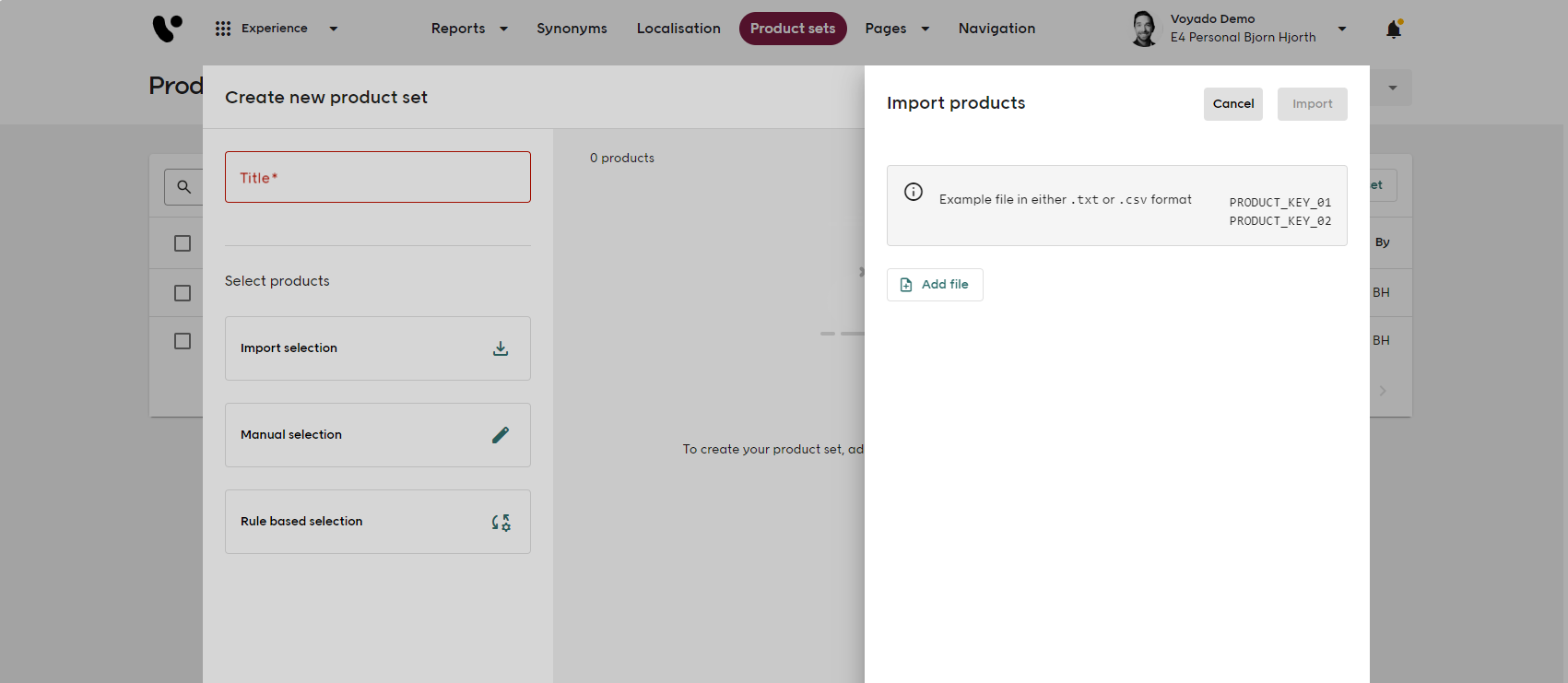 import product sets screenshot
