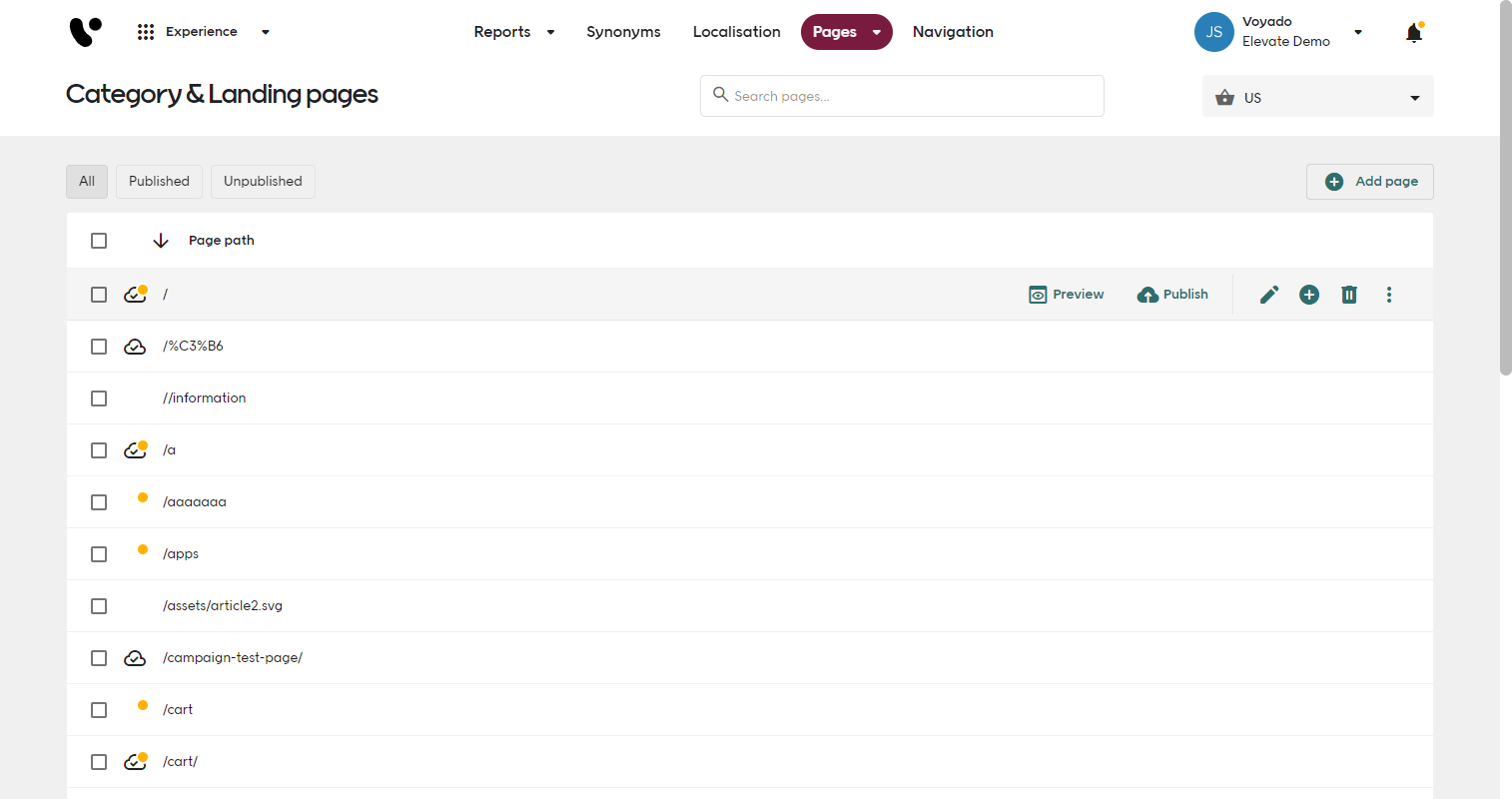 Categories and landing pages preview screenshot