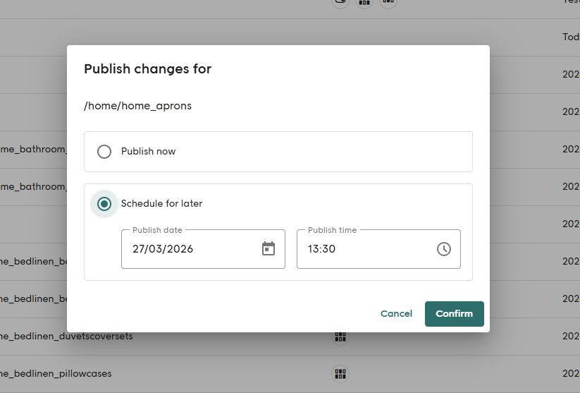 Page publish dialog with the Publish now and Publish later options