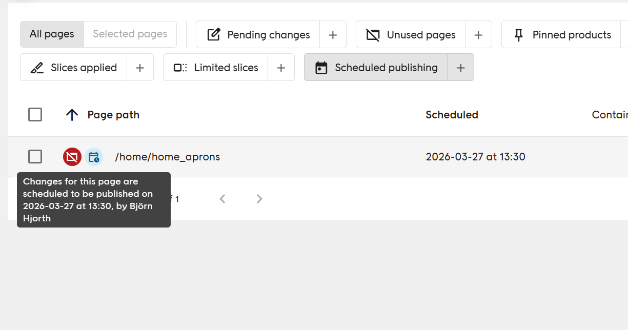 Page list filtered to show pages with a scheduled publish date