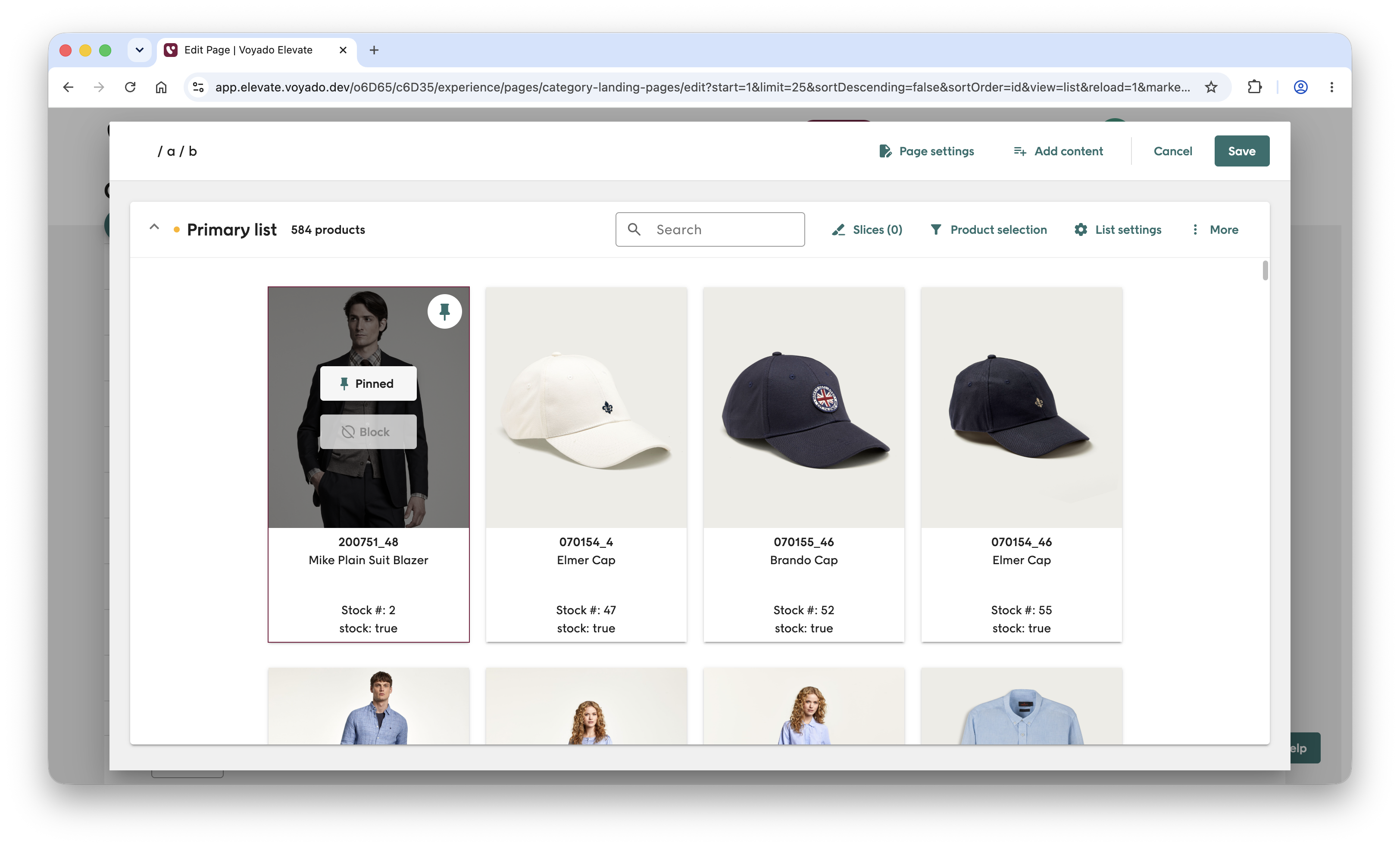 Product listing page showing pinned products with pin icons in the top corner of each card, and a drag handle for reordering