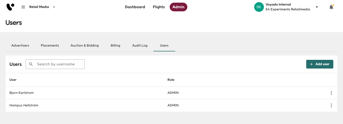 Screenshot of the Users tab in Elevate showing the users and their respective roles in a list