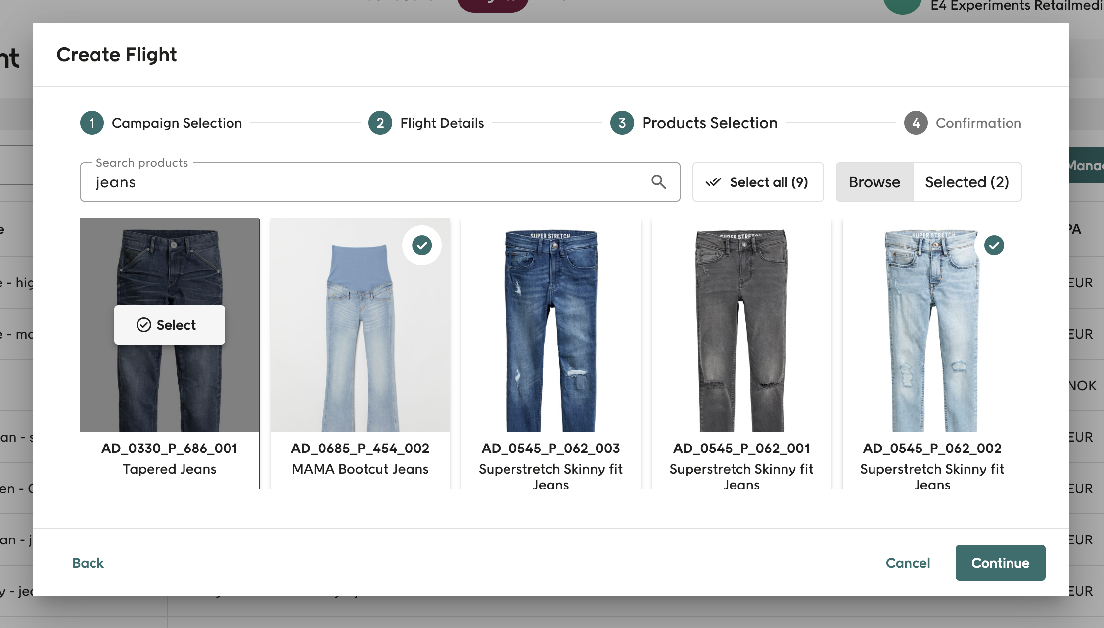 Screenshot showing product selection dialog for Flights