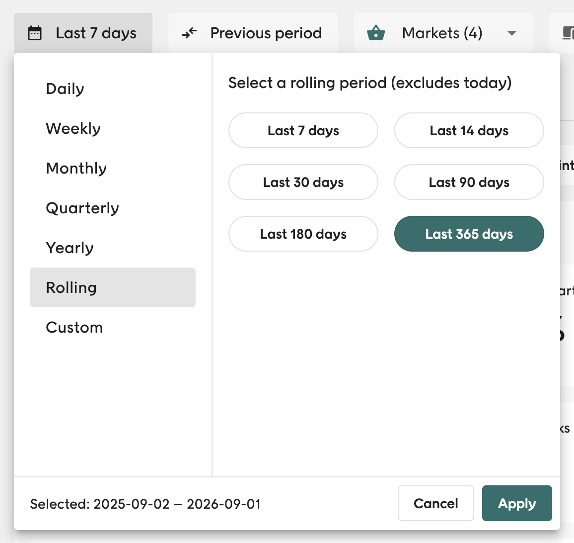 Date picker with period types and a custom range