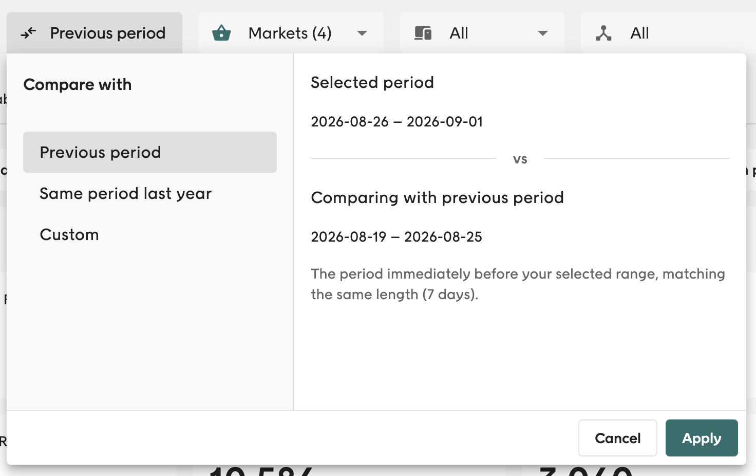 Compare with picker showing the selected and comparison periods